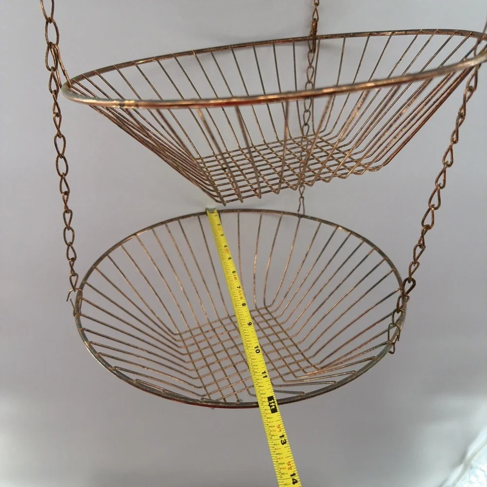 Vintage 3-Tier Metal Mesh Wire Hanging Baskets Collapsible Copper Fruit Plants